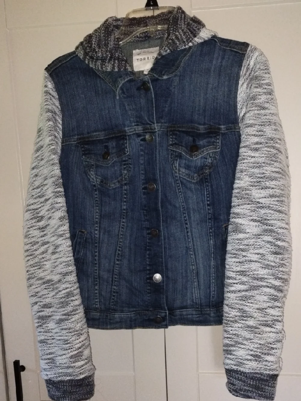 torrid Dark Blue Denim Jacket with Marled Gray Knit Hood & Sleeves - Picture 1 of 7